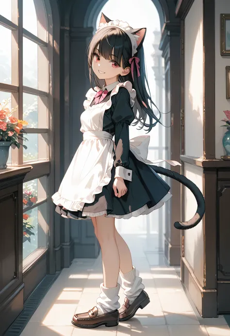 Score_9,Score_8_up,Score_7_up,highest quality anime,,masterpiece,1 girl,slim,small breasts,(Ideal slender proportions),(black_long_hair,straight_bangs,maid costume,loose socks,loafers,cat ears,cat tail),smile,beautiful legs,standing,view from behind
