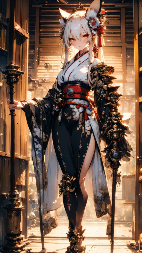 (( masterpiece ,  best quality )), (anthropomorphic kitsune ))  onna bugeisha high definition,  full body , humanoid kitsune