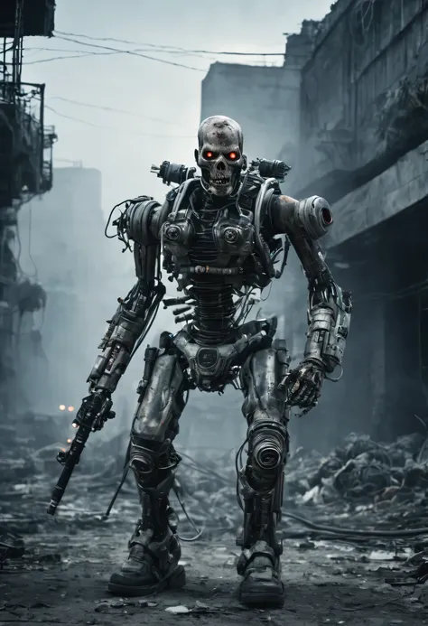 A chillingly realistic photograph captures a nightmarish scene of a cybernetic zombie holding and firing heavy rotative gatling gun, its decayed flesh intertwined with advanced cybernetic enhancements, artificial cyber eyes, complete wired body, cyber arms...