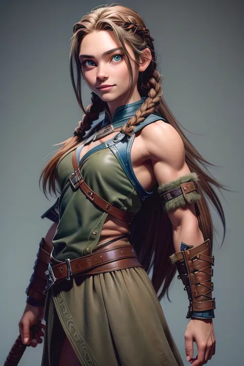 ( masterpiece , The best quality ) (young warrior woman of nordic descent), (age s) (green eyes), (muscle shirt), (fur skirt), (Brown hair color),(loose hair with small braids on the scalp), (leather strap top) feathers, bufas, (blue, gray and brown suit)...