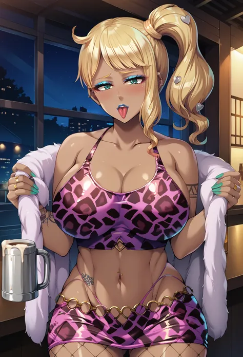 1noue, score_9, score_8_up, score_7_up, uncensored, source_anime, 1girl, solo, BREAK sonia_(pokemon), gyaru, blonde, tongue out, very dark skin, dark-skinned female, makeup, eyeshadow, face stickers, piercings, tattoos, colored skin, jet-black skin, shiny ...