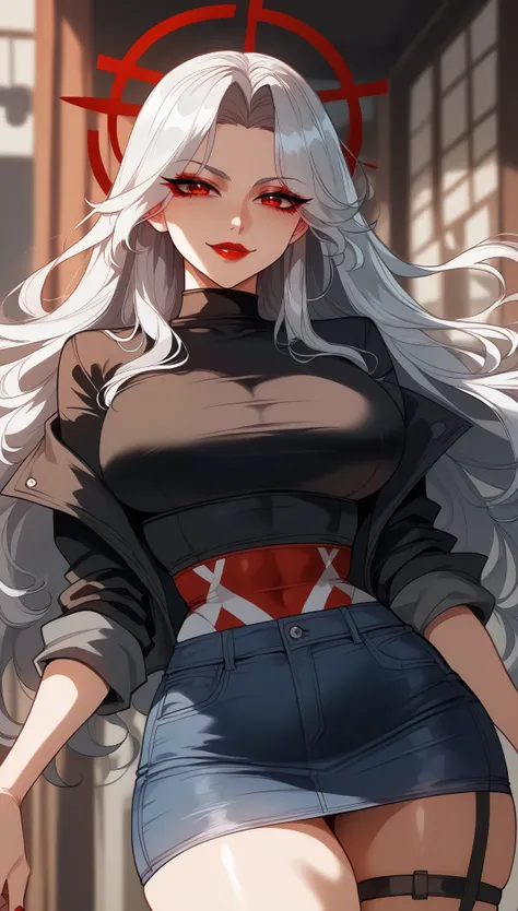 alucard、feminine style、red eyes、silver hair、 long straight hair、loose hair、shiny hair、( large breasts ), black shirt、black jacket、 tight waist、 thin waist、dark blue denim skirt、 black knee boots、 Thigh straps 、shiny skin、white pele、Beleza、erotic、red eyelin...