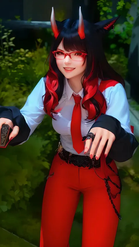 there is a woman with horns and red glasses wearing a red tie, wearing white shirt with pocket, cat ears and red horn, malevolen...