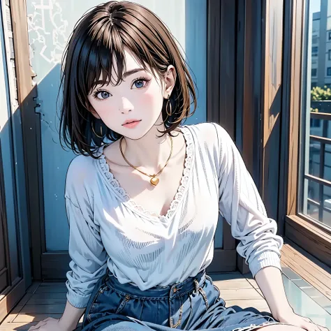 A modern , hyperrealistic portrait of a beautiful woman viewed from above , sitting gracefully with one hand on her feet , wearing a minimalist lace shirt and a long, flowing blue skirt. She has asymmetrical black, medium-short hair with one side tucked b...