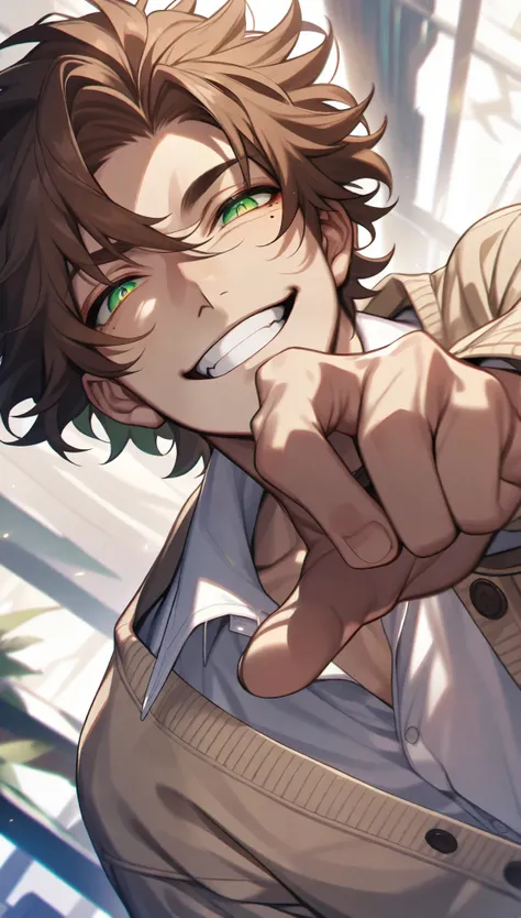 (Solo), (1 male), (short brown hair), messy hair, (green eyes), white shirt, white shirt, beige cardigan, (single mole under eye), handsome, dynamic angle, (smirk), (hand slightly covering mouth), (open mouth), (detailed eyes, detailed face)