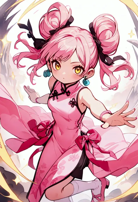 Pink hair, upper space buns with ribbons accessories, has a bangs, tied bangs to the right of her face, blue earings, yellow eyes, sleeveless pink chinese dress, slit skirt, pink heels