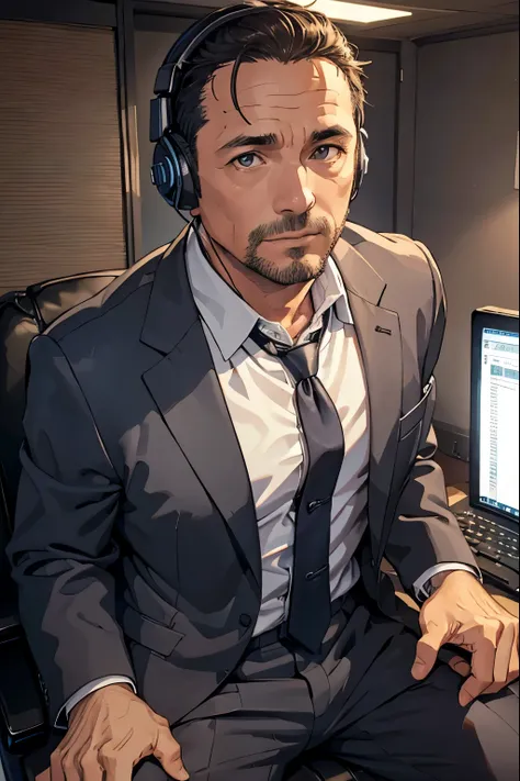 44-year-old middle-aged man masturbating in a small soundproof room、 headphones、 computer 、short hair、normal body type、in a suit...