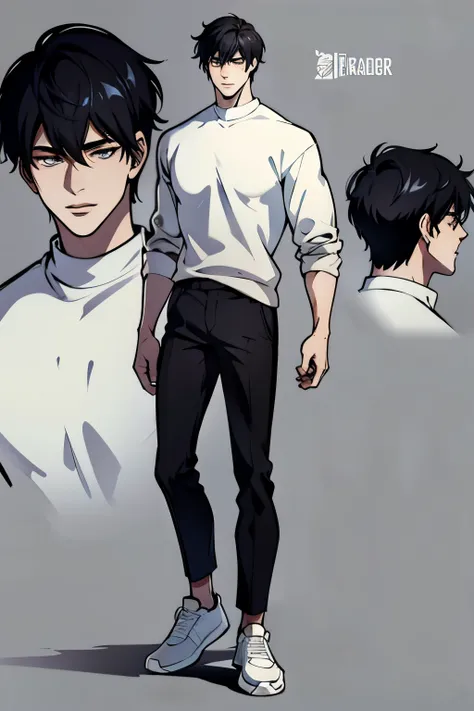 character sheet, character design, male, 20 years old, black hair, modern clothes, white sweater, black pants, white shoes, ((ma...