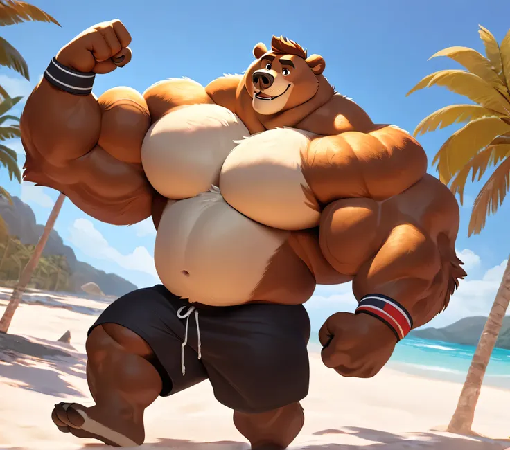 huge muscular kodiak bear in tropical island beach, big grr, kodiak bear, huge brown fur, thick arm, huge arm, huge white fur, t...