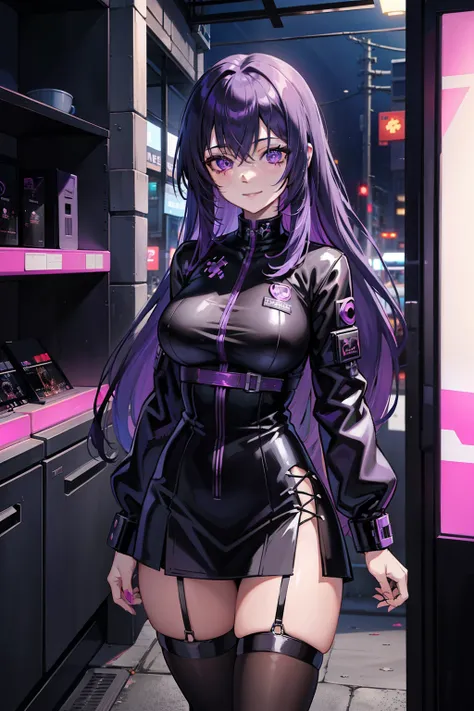 anime girl with violet hair and black clothes, she is slightly injured, having just come out of a fight, has an excited smile an...