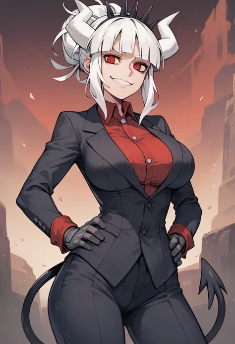 Masterpiece, best quality, Masterpiece, best quality, 1 woman , lucifer (helltaker) , long white hair , red eyes. , sly face , smile , black suit shirt , gloves , trousers , big breasts , , abdomen , Put your hands on your hips