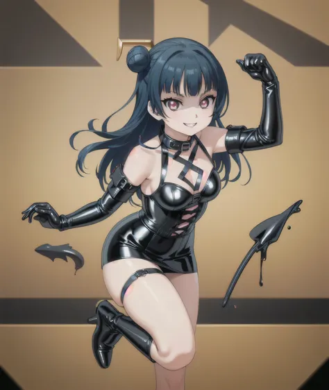(masterpiece, best quality), 1girl, solo, Yoshiko Tsushima,black latex,very evil grin , ,,(((corset dress with shoulder straps)))、(((Black latex tight mini skirt:1.4)))、(((Black Thigh Boots)))、Stiletto heels、(((Black latex panties)))、(((Black latex bra)))...