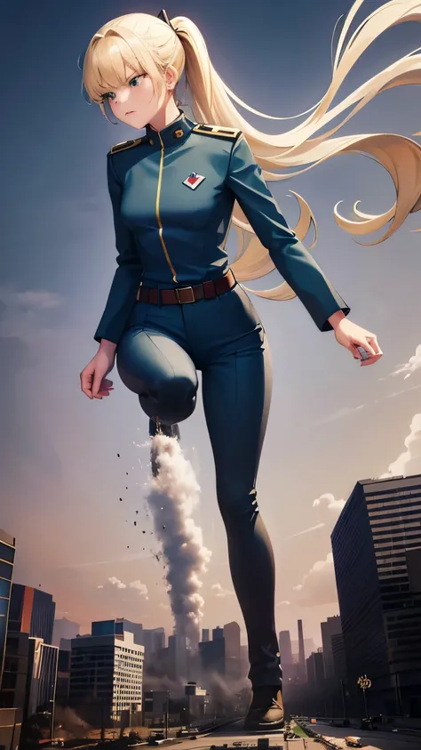 Giantess, microcity, (((highest quality))), 28-year-old woman, (Very slim:1.4), Center of chest, Blonde ponytail:1.2, Thin thighs, Long legs, (Wearing Earth Federation military uniform, White and dark grey uniform), ((masterpiece)),Dust cloud,Woman destroy...