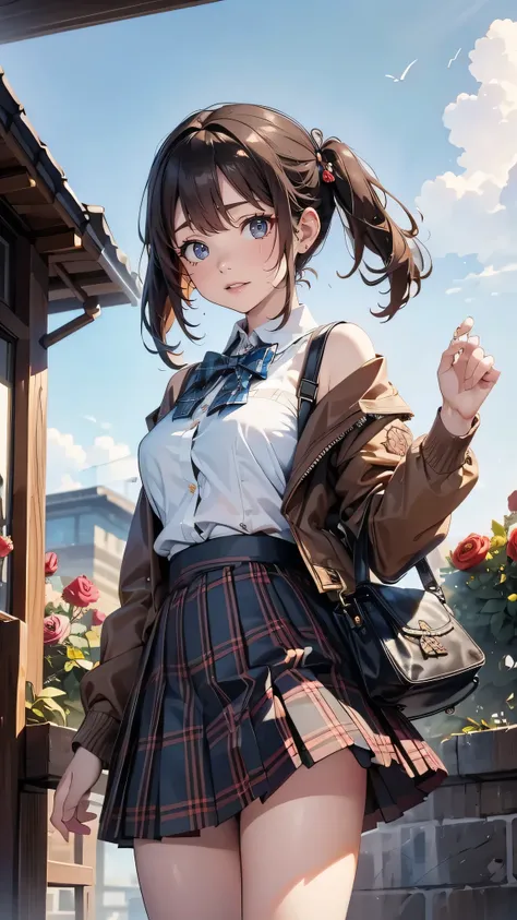 very cute and beautiful girl,teen,(highly detailed beautiful face),smile,happy,cowboy shot,
(brown jacket:1.2),collared shirt,plaid bowtie BREAK detailed legs,zettai ryouiki,brown shoulder bag,
stylish pose,hair pin,black hair,(blue plaid mini skirt:1.2),(...