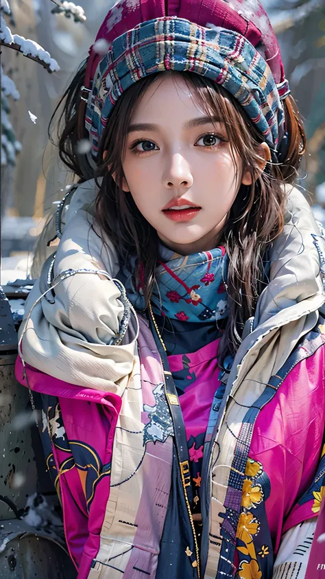 photorealistic, high resolution, 1women, solo, hips up, look at viewer, (detailed face), colorful winter clothes, snow