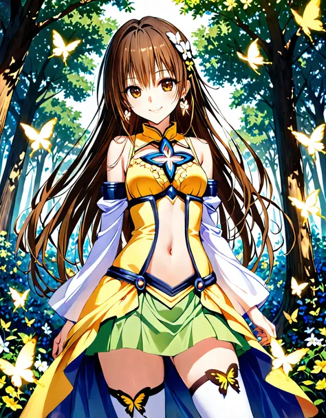 anime butterfly girl with yellow and white outfit with butterflies on her and yellow butterflies that float around her and make ...