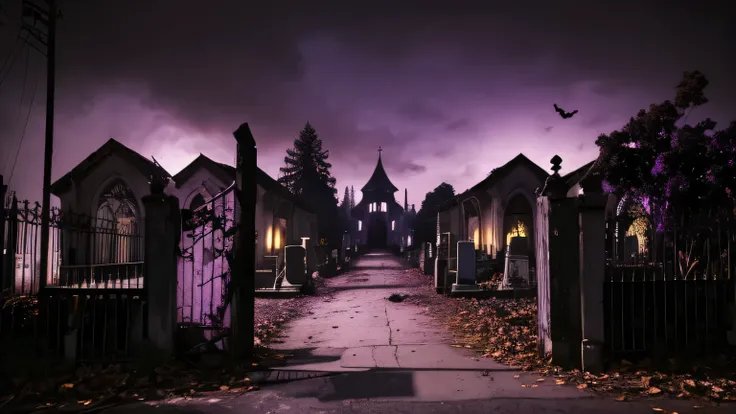 halloween themed scenery . realistic.  use purple shades .  a very creative realistic art of a very macabre and sinister setting...