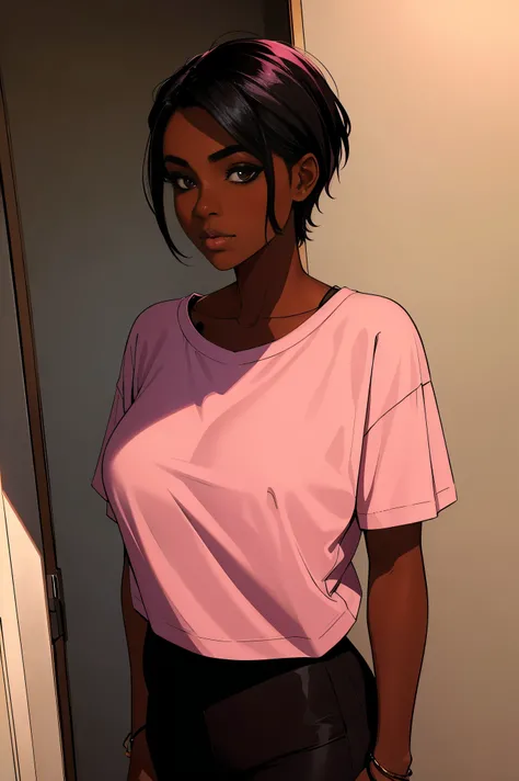 Dark skin young woman in a soft oversized fitted pink shirt, tomboy pixie style black hair