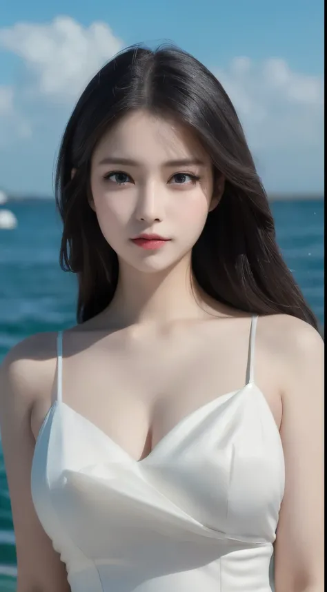 malaysian look alike feature, ((ultra realistic) girl standing wearing a white dress, 8k, 4K, UHD, masterpiece, anatomically correct, high details, high quality, best quality, highres, dashed eyes, wide eyes, aqua eyes