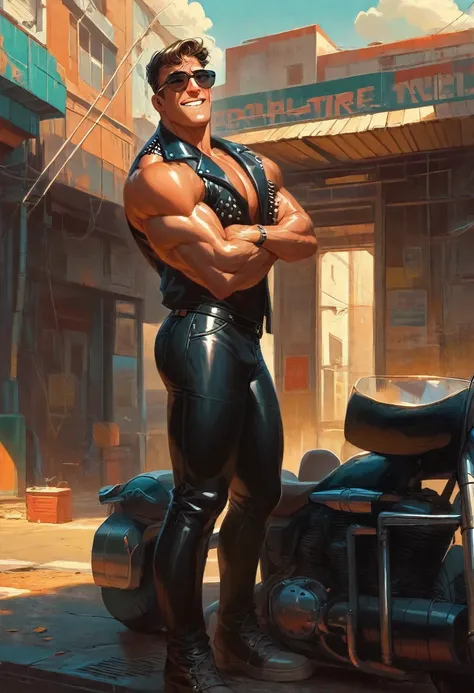 Handsome and huge gangster bodybuilder Roman Todd on motorcycle, huge muscles, crotch lump, Shiny black quilted and studded leather jacket with high spikes, shiny black leather shirt, shiny black leather pants, black sunglasses, industrial architecture: 1....