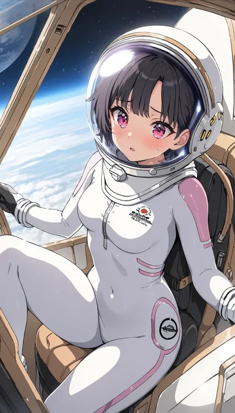 1人of女of子,Alone,short hair,(Space Suit:1.15), Black Hair Space Helmet ,whole body, indoor, masterpiece of the highest quality, trembling, difficulty breathing, bodysuit,Lumine , Bubble Helmets , short hair, backpack,gloves,blush,internal (cockpit) of (Fu...