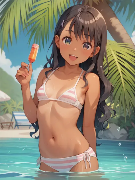  score_9,  score_8_up,  score_7_up,  score_6_up, sauce_anime break，nsfw，Best Quality，masterpiece，( Detailed Biography  :1.2)，Fisheye Lens， A very young very small woman  ，Junior high school girl，She has long wavy hair ,  tanned skin , And a bright smile，Very short stature， her body is toddler and healthy ,  wears naked only  .  she's casual and vibrant style ,  her extremely small breasts are exposed  ,  perfect for spending time at the beach on a sunny day  ,  surrounded by tropical vibes  ,  with palm trees and the ocean in the background ，Girl&#39;s Temptation， from behind， Vaginal sex with women  ，