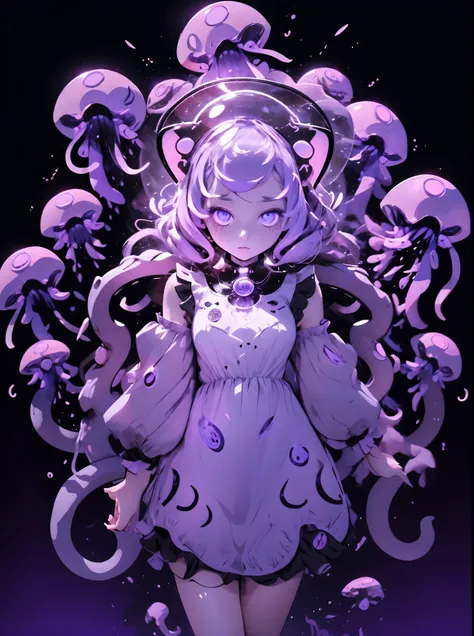 Jellyfish Girl. Black costume. Pink Tentacle. Dress style. Hood-like. Hood with cat ears. Mechanical cat ears with purple lamps. A glowing core on the head. Multiple jellyfish around.