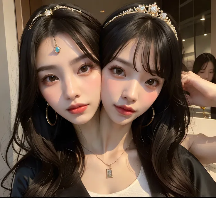 (twoheads:1.3), princess, lots of jewellery, chains in hair, necklaces, beautiful korean women, large black heavy metal jacket, long flowing hair with hair dye, large jewellery, tiaras, large earrings