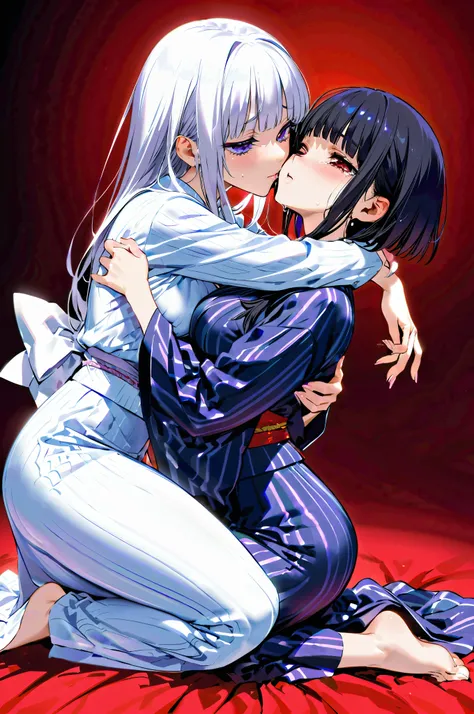 two mature women hugging and kissing while crying in fear, yukata, kneeling,