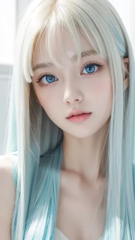 Perfectly beautiful young face 、 messy silky beautiful blonde 、 beautiful cute first time at age 19 々Beautiful girl、very beautiful pretty insanely bright pale mint blue big eyes、 very super long beautiful blonde silky shiny hair 、long beautiful bangs 、Very...