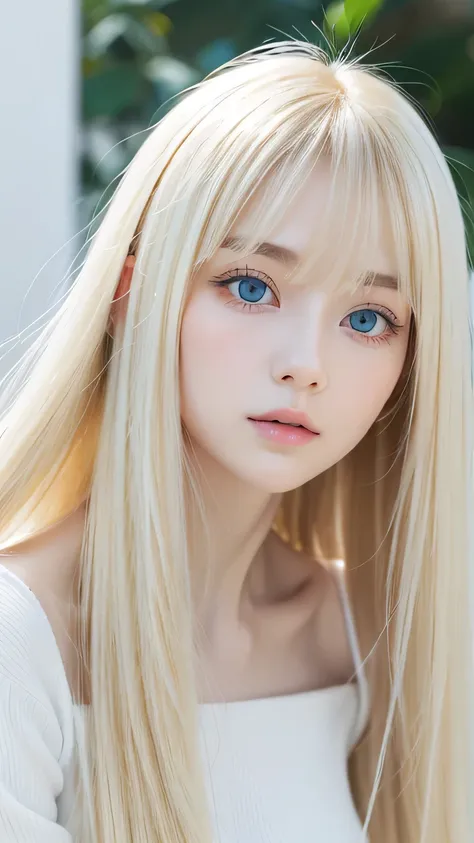 Perfectly beautiful young face 、 messy silky beautiful blonde 、 beautiful cute first time at age 19 々Beautiful girl、very beautiful pretty insanely bright pale mint blue big eyes、 very super long beautiful blonde silky shiny hair 、long beautiful bangs 、Very...