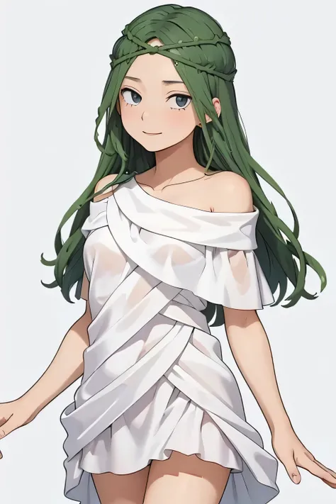 1girl, solo, ibara shiozaki, vine hair, closed mouth, smile, shoulders, simple background, white  dress, no pants, pussy,