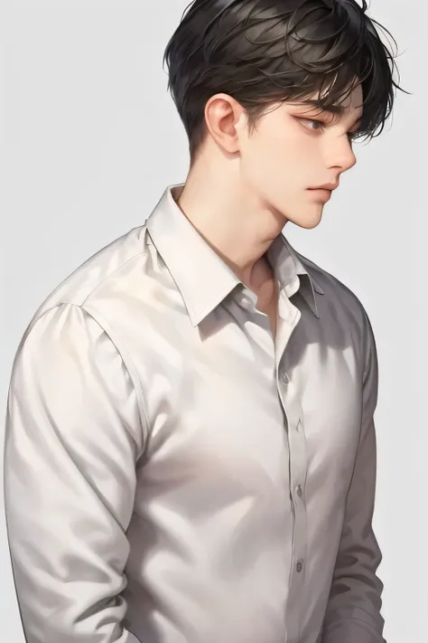 boy, a men, black hair, black eyes, simple background, long eyelashes, have a broad shoulders, white shirt