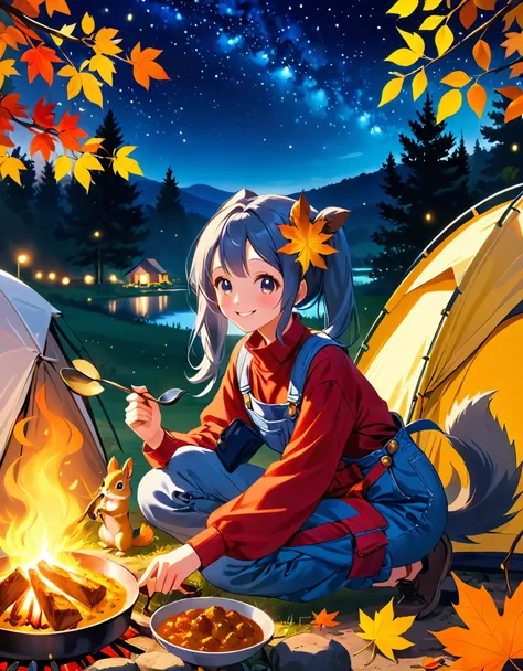 light blue long hair、pretty girl with twin tails and chibi characters、cute denim coveralls 、autumn leaves campsite 、 with little...