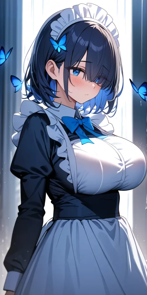 (masterpiece, Highest quality:1.2), 1girl, Black medium hair, (maid dress), growing light, ((blue eyes)), ((big breast)), light particles, long bangs, bangs, high detail, glowing light, bloom, standing, ((hair over eyes)), eyes visible through hair, back l...