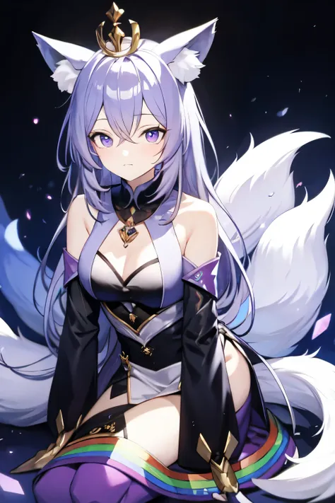 humanoid rainbow colored fox with crystal crown, light purple hair, fox ears, fox tails, and rainbow aura