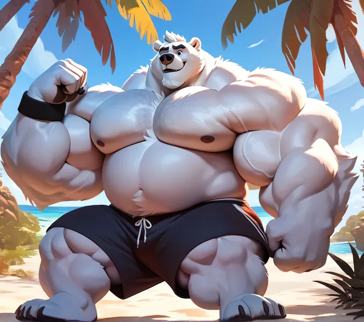 huge muscular polar bear in tropical island beach, big grr, polar bear, huge white fur, thick arm, huge arm, huge white fur, thi...