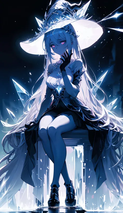 1girl, mature female, masterpiece, mistress, goddess,white witch hat,sitting, full body, long hair, white hair, crystalline details, silhouete shadow, glowing eyes, in the dark