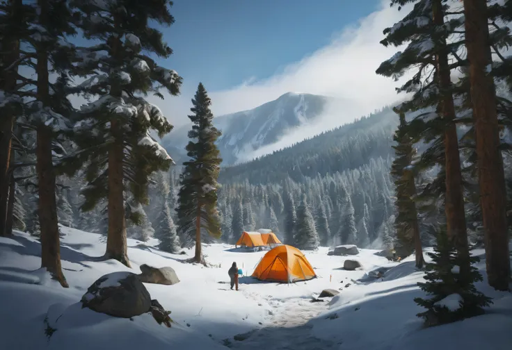 "a snowy forest scene with fresh snow covering pine trees and the ground, showing a well-equipped campsite with a cozy tent, a s...