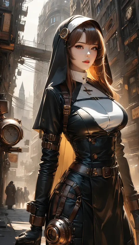 1 nun in uniform, shiny copper plated, shiny silver plated, and shiny gold plated smooth high-rise buildings, brilliant mirror finish, metal plated, the worldview of dieselpunk, steampunk, and clockpunk, pistils, various effects, delicate and dynamic textu...