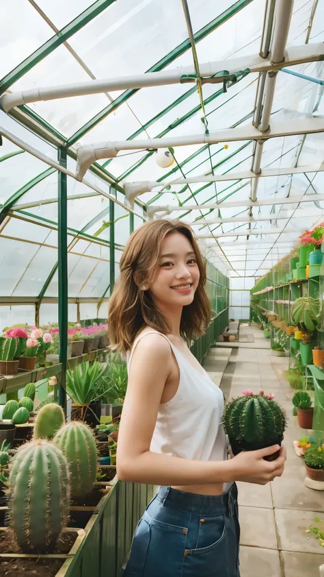 girl holding balloon in hand, in the greenhouse, there are many potted cacti in the greenhouse..