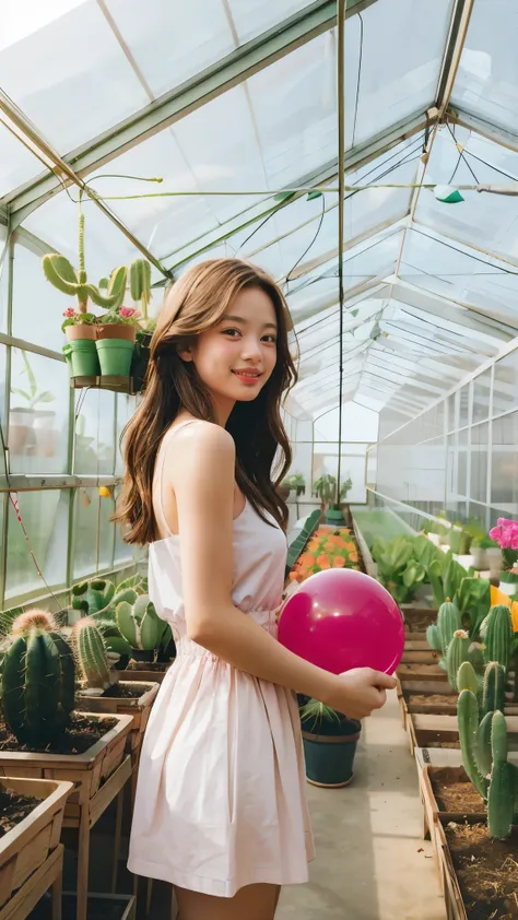 girl holding balloon in hand, in the greenhouse, there are many potted cacti in the greenhouse..