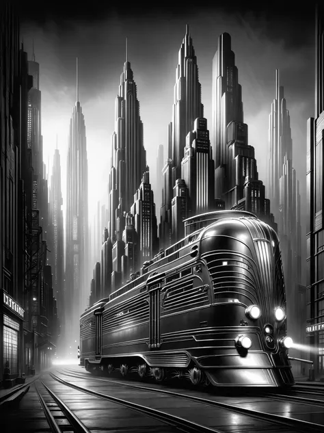 heavy dieselpunk streetcar on the street  ,buildings, ultra-detailed mega-city , sharp, hyper-realistic,  kinematic lighting , b...