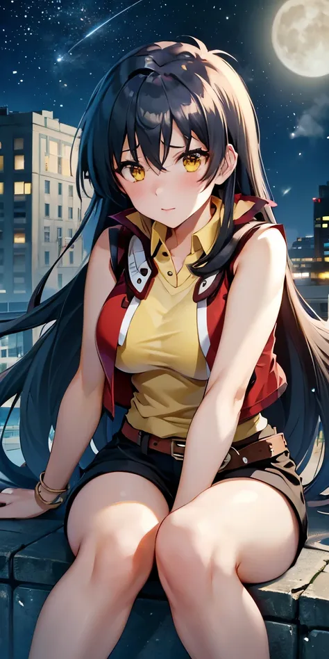 1 female,high definition,high resolution,ultra-realistic,8k, hmrei, long hair, black hair,yellow eyes,red jacket ,collared shirt...