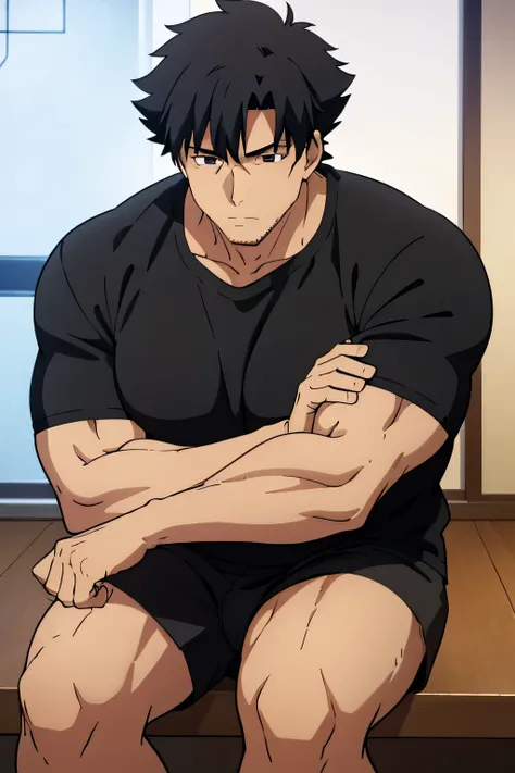 kiritsugu is sitting and flexing his biceps. he is wearing a black tshirt with short sleeves. the right sleeve is completely rol...