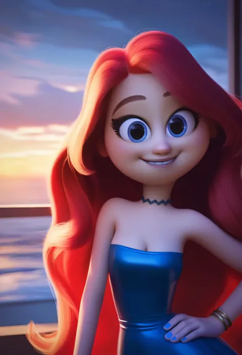 chelsea, masterpiece, best quality, highly detailed, score_9, score_8_up, score_7_up, score_6_up,source_anime, BREAK chelsea, 1girl, choker, smile, jewelry, very long hair, standing, red hair, blue eyes, white-skinned female, blue nails, right hand on hip,...