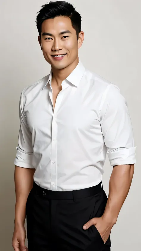 A photo of a fit, muscular 35-year-old Asian man with a clean-shaven face, facing the camera with a bright and energetic expression. He is wearing a plain white formal button-down shirt, standing against a bright, plain background. The image clearly captur...