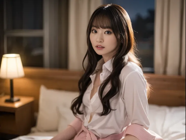 (((night view)))、(sit on bed)  ,(((front open shirt,small beast)))、(pink color stockings),long hair and bangs,high resolution、ra...