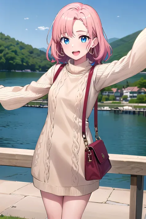 1girl,Samus aran,solo,blue eyes, pink hair, forehead hair, Beige knit sweater dress, brown ankle boots, burgundy crossbody bag, soft curls hairstyle, warm-toned makeup, gold hoop earrings, cozy and stylish look,ultra-detailed,sharp focus,aesthetic,(best qu...