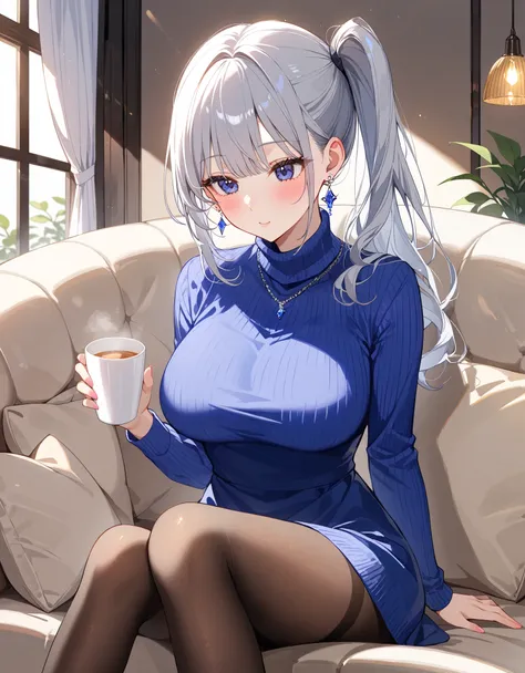 1 girl, solo,  blush, silver hair、 side ponytail ,  turtleneck sweater dress、 pantyhose、large breasts,  earrings with cups, indo...